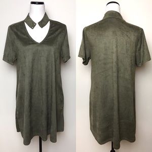 Suede Dark Green Olive Fall Dress w. Pockets